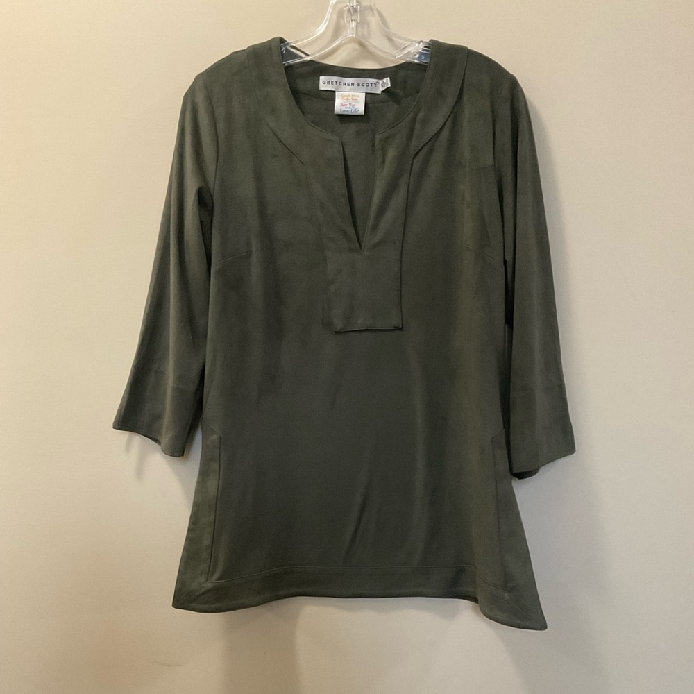 Gretchen Scott Faux Suede Tunic Popover Goddess Size Medium Green 3/4-Sleeve